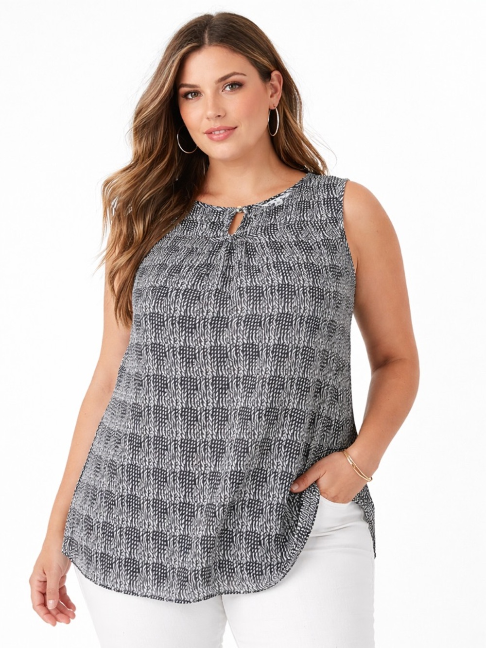 CAbi Sheer Black White Abstract Tunic Blouse Sleeveless‎ Keyhole XL